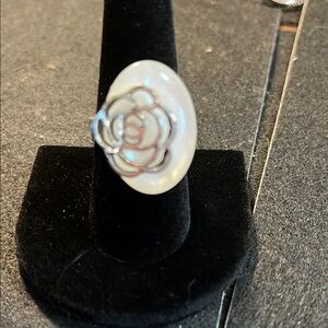 Adjustable Silver and White Rose Ring